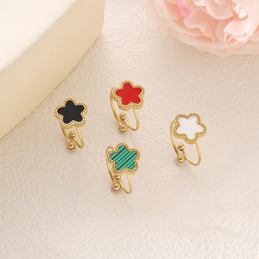 Wholesale Titanium Steel Five-Leaf Flower Mother-Of-Pearl Ring Women' s Fashionable Versatile Adjustable Open Stainless Steel Ring