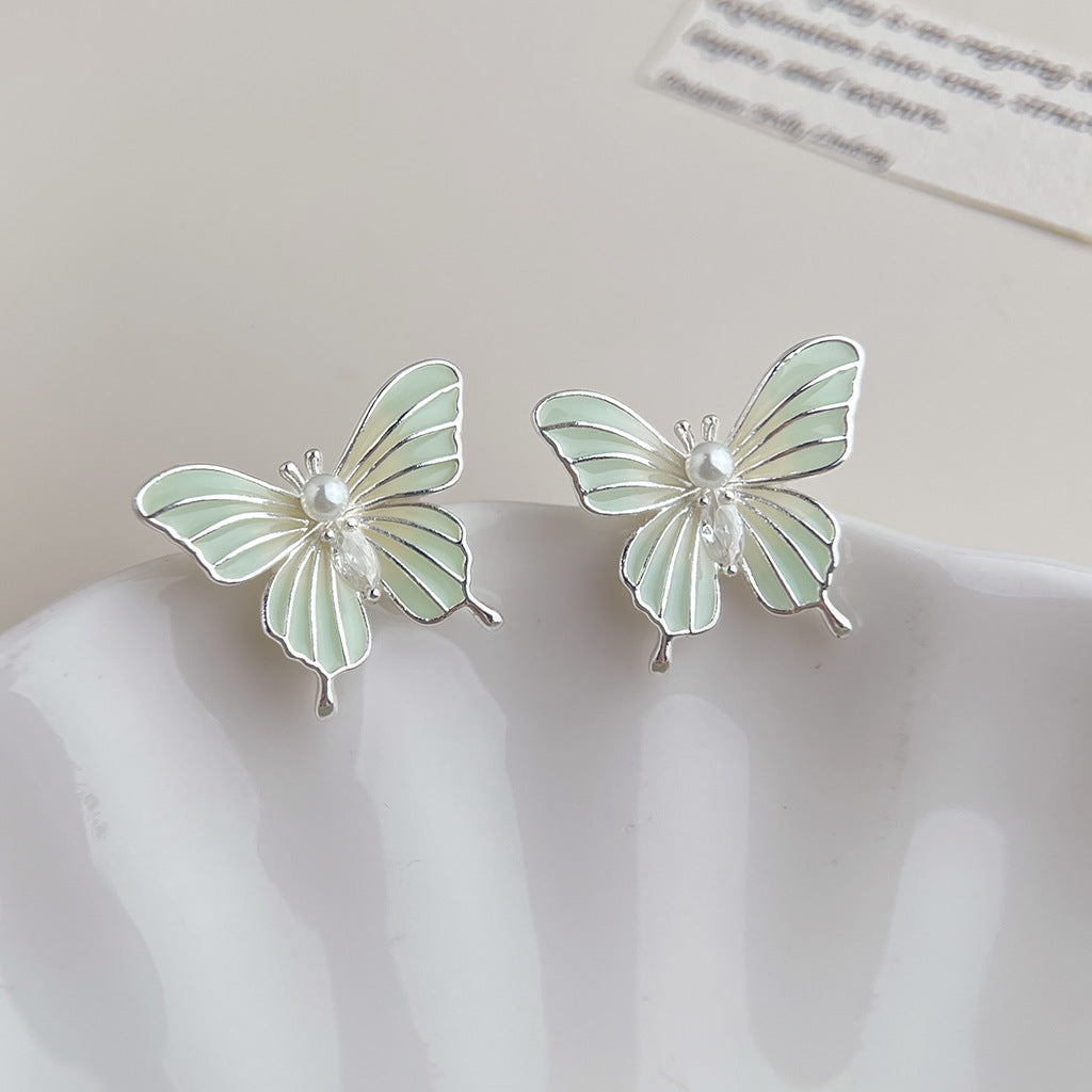 Wholesale Copper Blue Enamel Drip-Glazed Flower Earrings,  Fresh Floral Pearl Studs,  Fashion Accessory