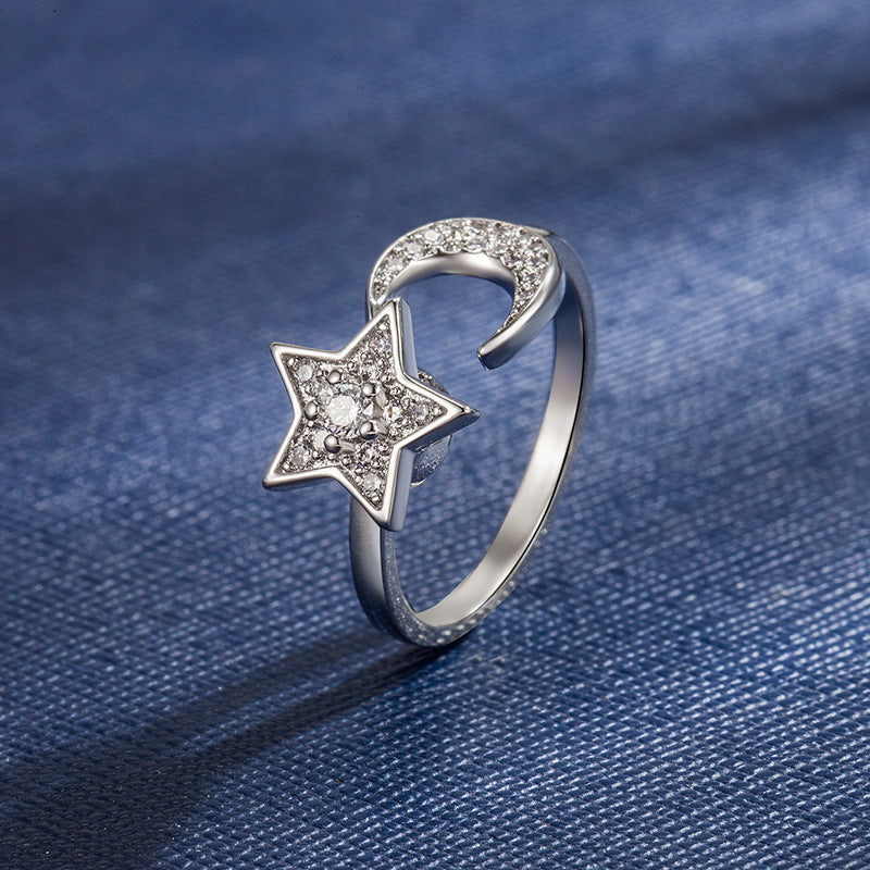 Wholesale Five-pointed Star Rotating Star and Moon Ring Opening Adjustable Rings