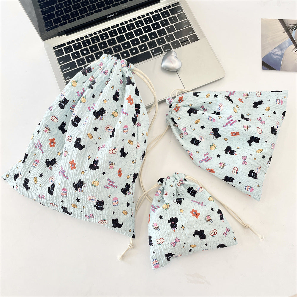 Wholesale Trendy Cartoon Embossed Drawstring Makeup Pouch Small Polyester Cosmetic Storage Bag Dustproof Portable Organizer Fashion Accessory