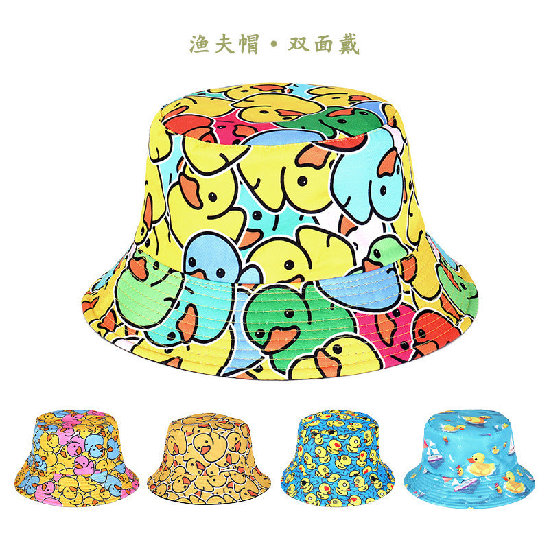 Wholesale Printed Cartoon Fisherman Hat,  Double-Sided Retro Sunshade,  Casual Outdoor Hat for Men Women