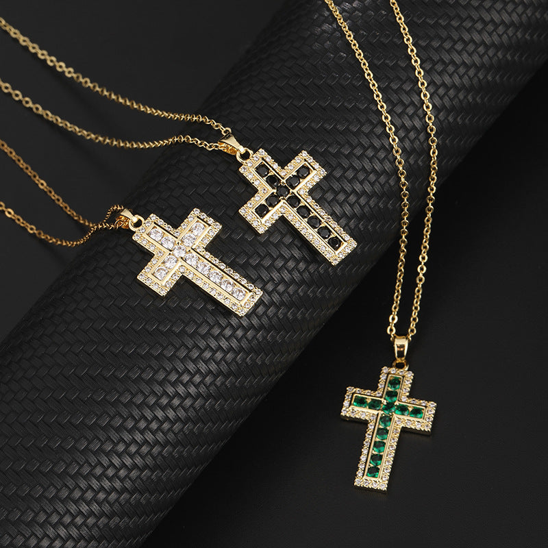 Wholesale Trendy Hip Hop Colorful Cross Pendant Necklace Gold Plated Copper Chain Boutique Jewelry Gift
