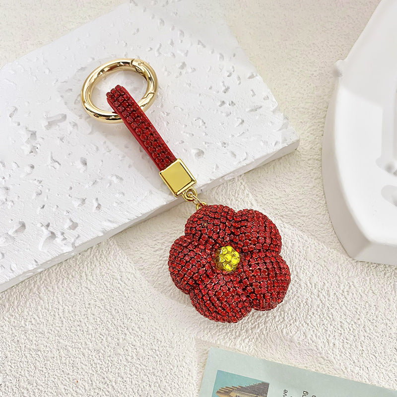 Wholesale Red Camellia Rhinestone Metal Keychain Fashion Accessory For Gifts And Boutique Resale