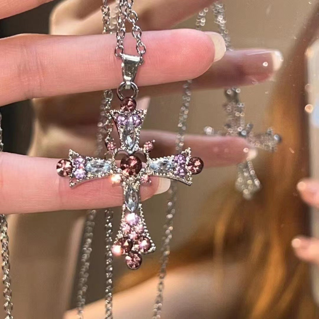 Wholesale Zinc Alloy Electroplated Pink Cross Pendant Necklace,  Gothic Y2K Layering Choker,  Trendy Jewelry Accessory for Women