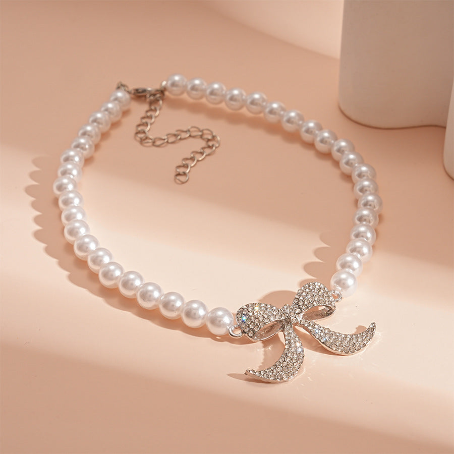Wholesale Diamond and Pearl Bow Necklace