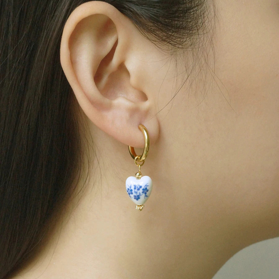 Wholesale Blue and White Porcelain Stainless Steel Colored Enamel Oil Earrings