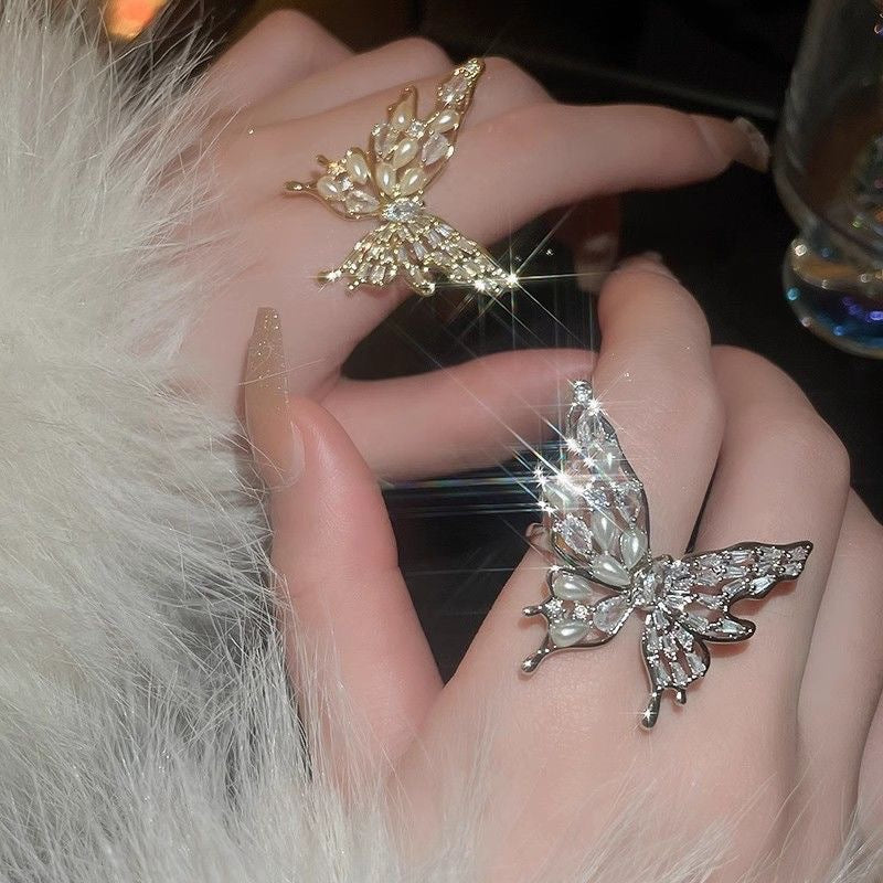Wholesale Autumn and Winter Light Luxury Zircon Butterfly Pearl Open Ring Elegant Index Finger Ring Fashionable Versatile Ring Accessories