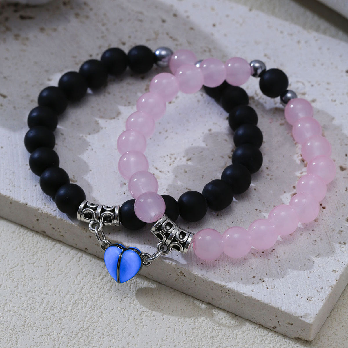 Wholesale Valentine's Day Pink Beaded Love Heart Blue Magnet Bracelet