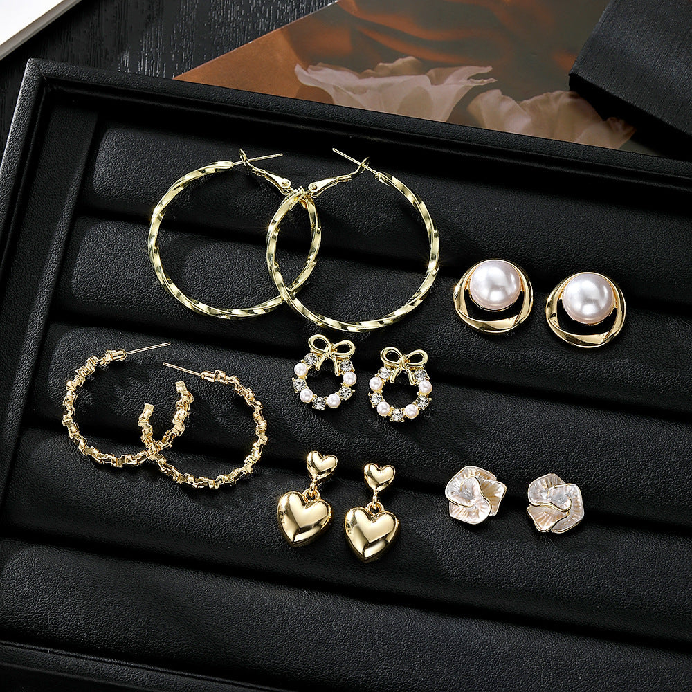 Wholesale Mixed Material Plated Hoop Earrings Geometric Oval Circle Pearl Design 6 Pair Set Women S Chic Fashion Accessory