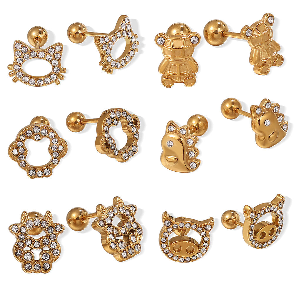 Wholesale Stainless Steel Electroplated Bear Ear Studs with Micro Zircon,  Everyday Fashion Accessory