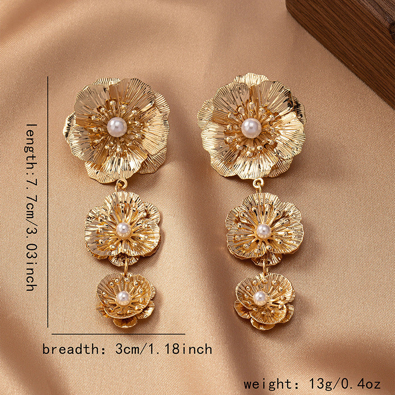 Wholesale gold metal flower earrings three flower earrings