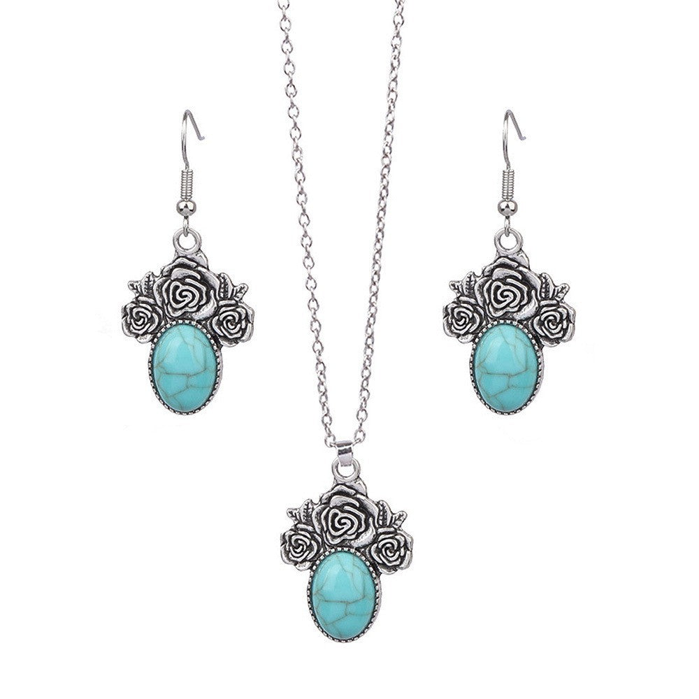 Wholesale Bohemian Vintage Earrings and Necklace Set Turquoise Drop Pendant Jewelry Accessory