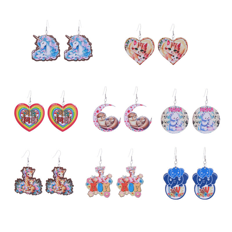 Wholesale Mother' s Day Wooden MOM Leopard Print Lip Print Creative Cartoon Earrings