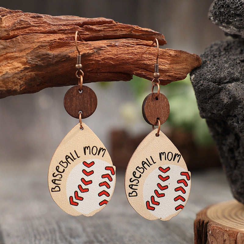 Wholesale Retro teardrop-shaped letter MOM Mother's Day wooden earrings