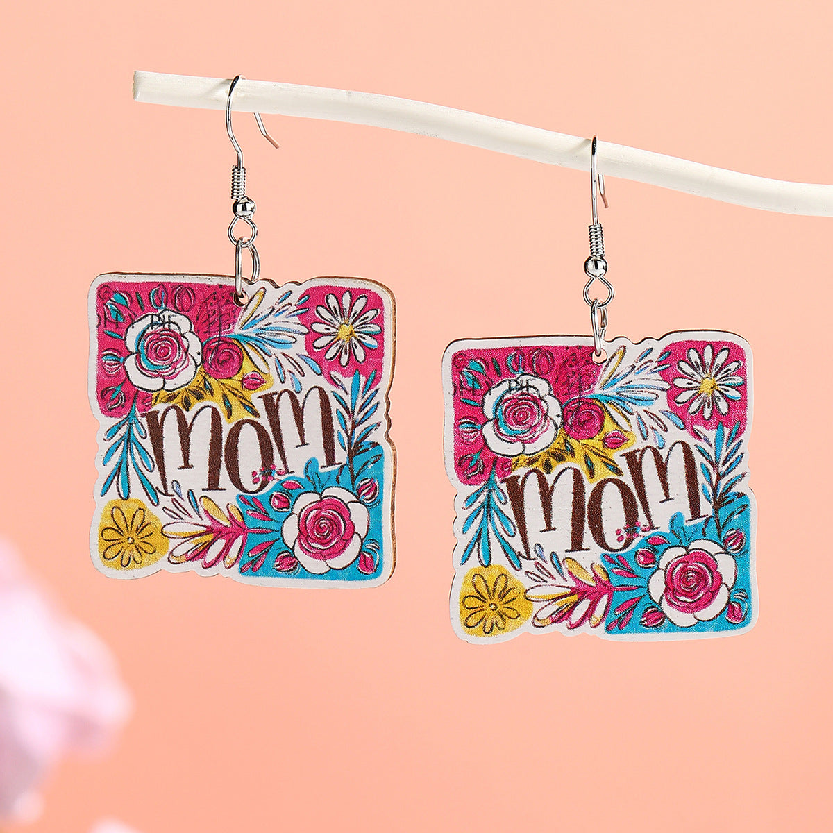 Wholesale  Mother's Day MAMA Wooden Printed Color Earrings