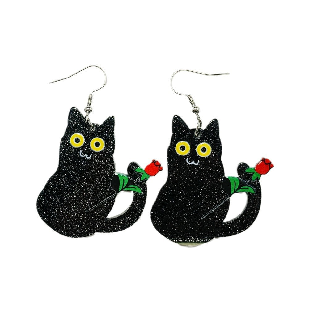 Wholesale Acrylic Sheet Cartoon Black Cat Rose Flower Earrings ACC-ES-Qiyu004
