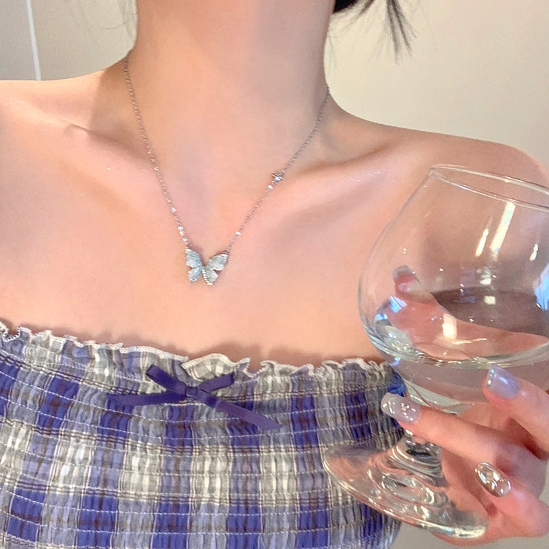 Wholesale  Titanium Steel Blue Butterfly Necklace Accessories