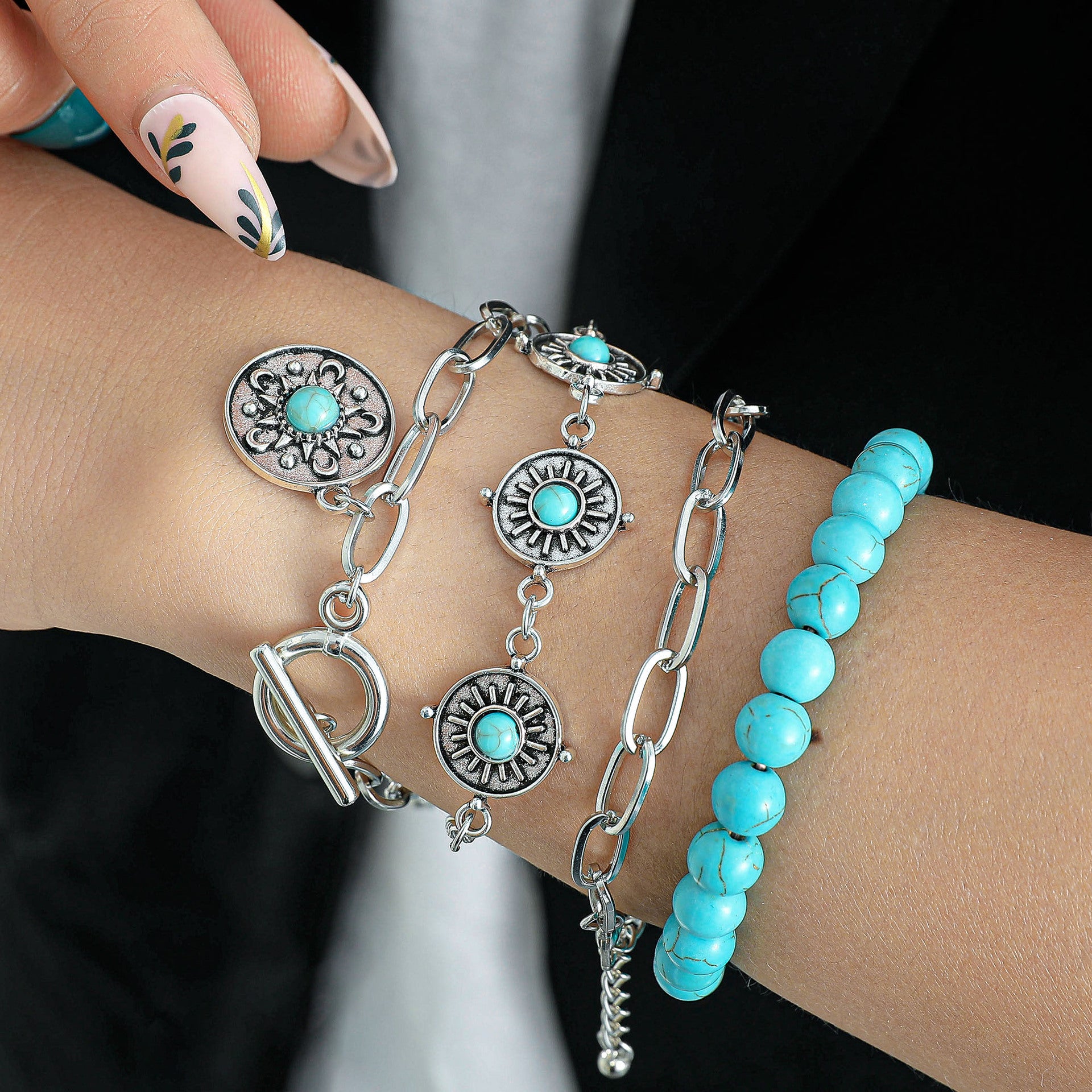 Wholesale Retro Ethnic Style Imitation Turquoise Cactus Tag Bracelet Set - Chic Fashion Accessory Gift