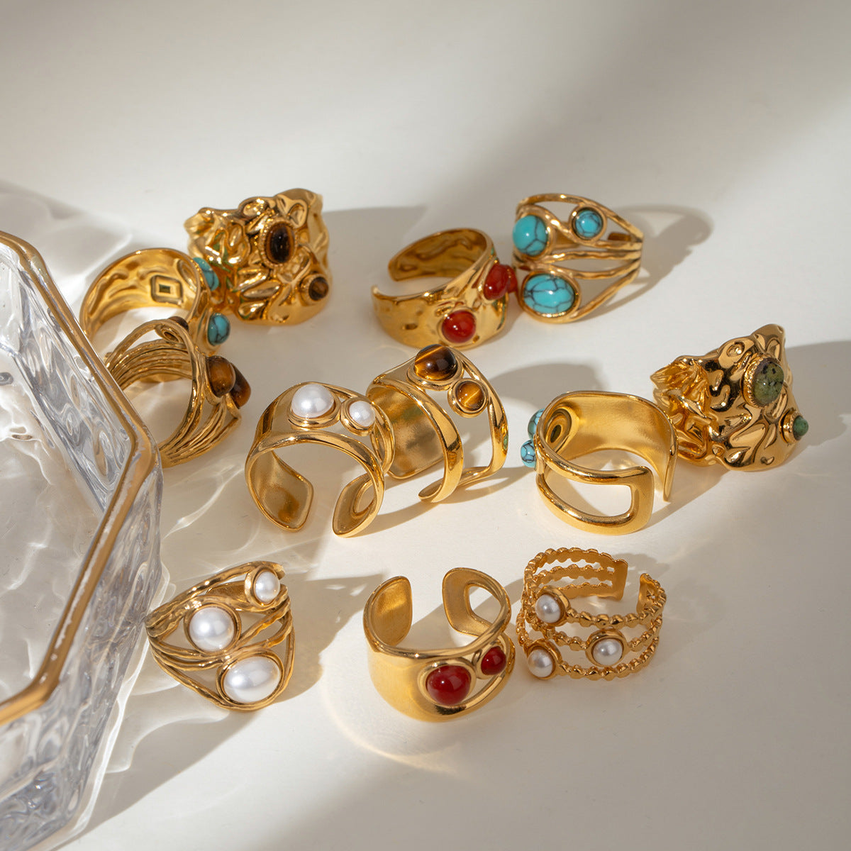 Wholesale 18k gold stainless steel round  pearl smooth hollow opening ring