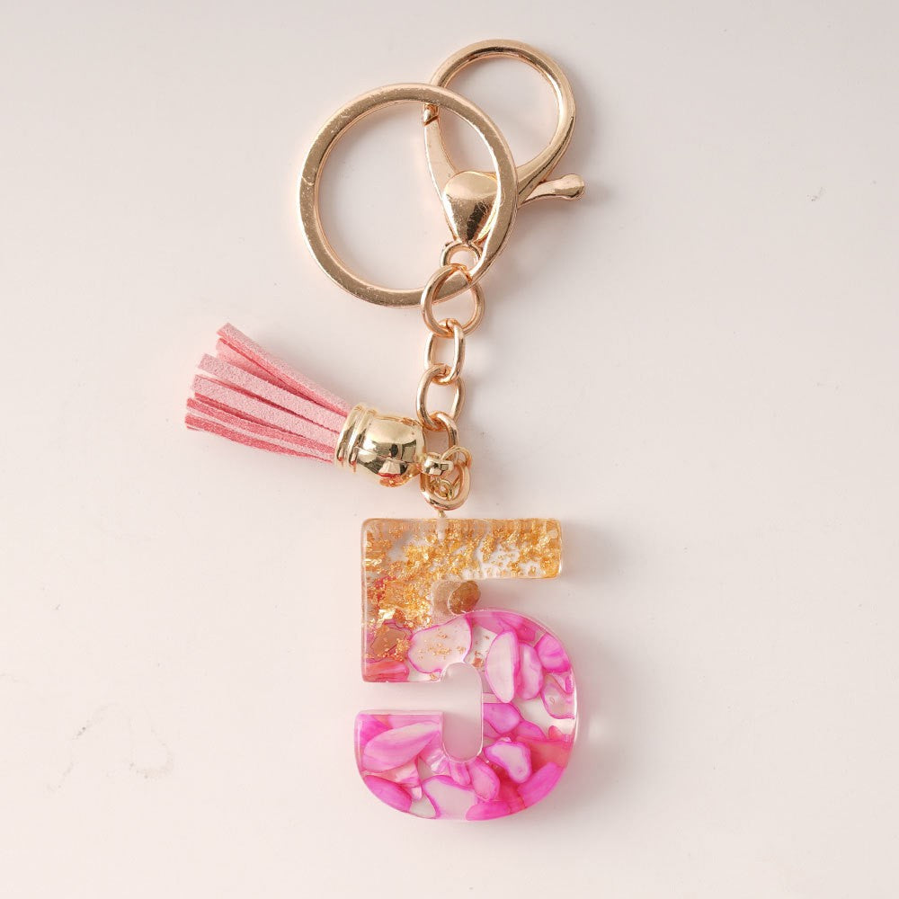Wholesale  Resin Glue English Numbers Pink Tassel Rose Red Gold Foil Keychain