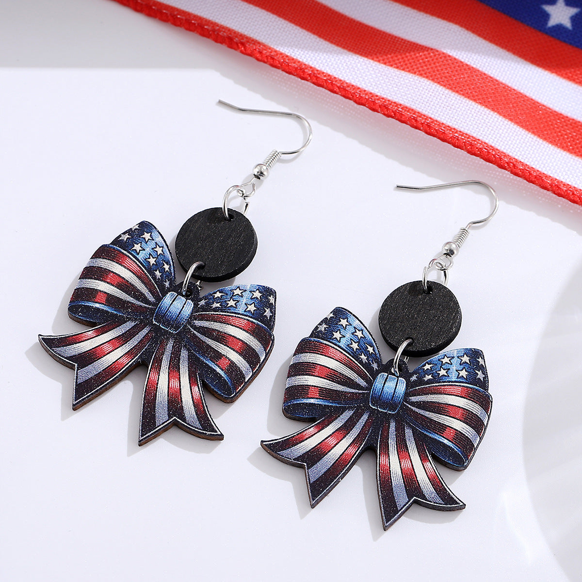 Wholesale Independence Day red, white and blue stars and stripes American flag bow wood splicing pendant earrings