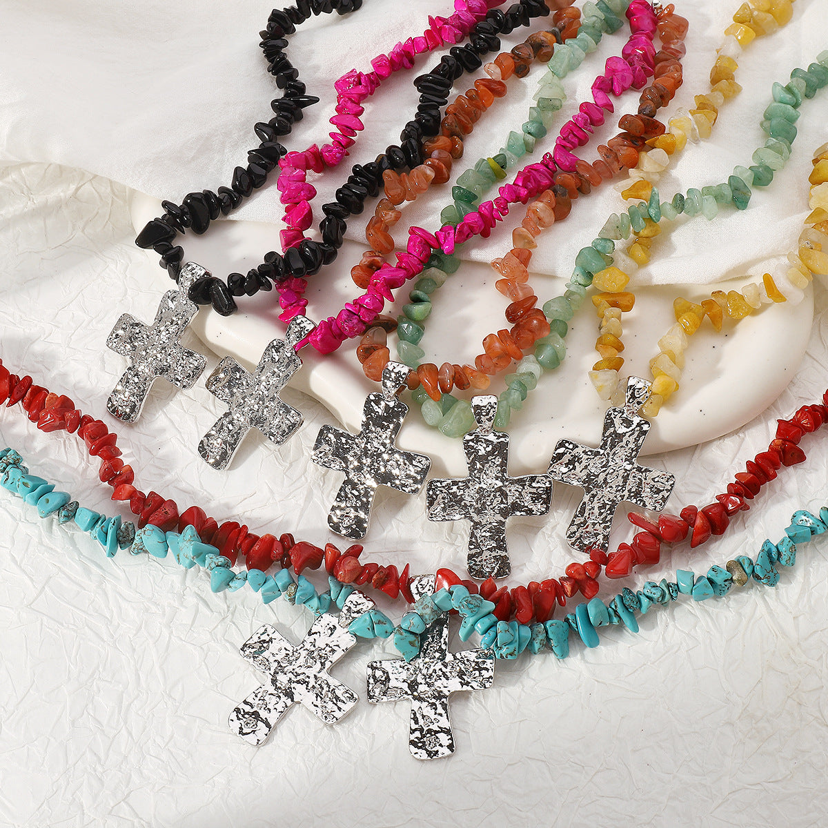 Wholesale retro irregular gravel necklace stacked cross pendant necklace
