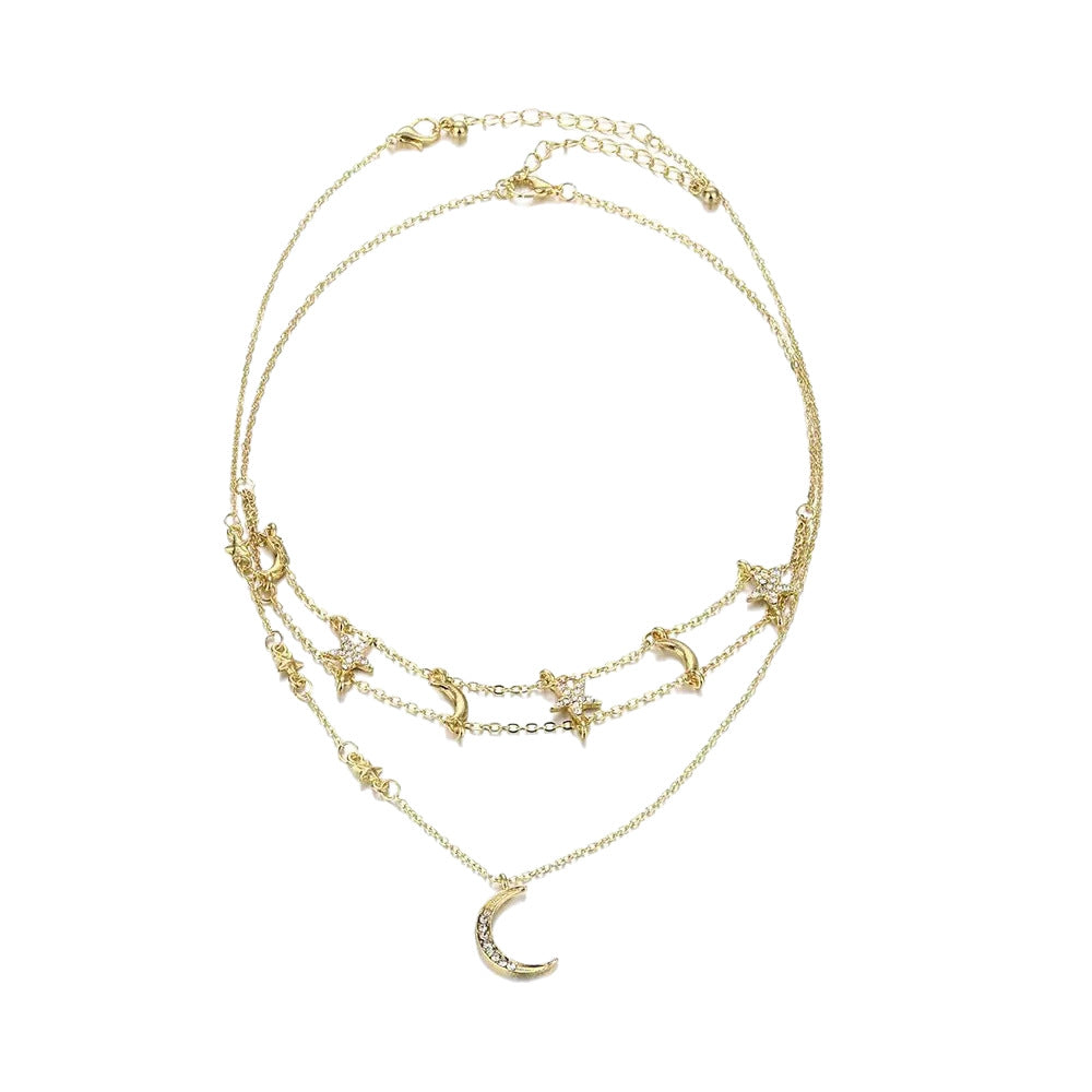Wholesale Full Diamond Five-Pointed Star Moon Combination Necklace