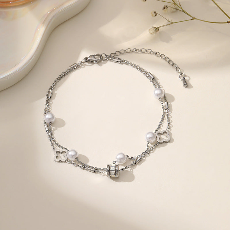 Wholesale Fashion Transfer Beads Pearl Hollow Flower Zircon Double-Layer Bracelet Titanium Steel Boutique Resale Fashion Accessory
