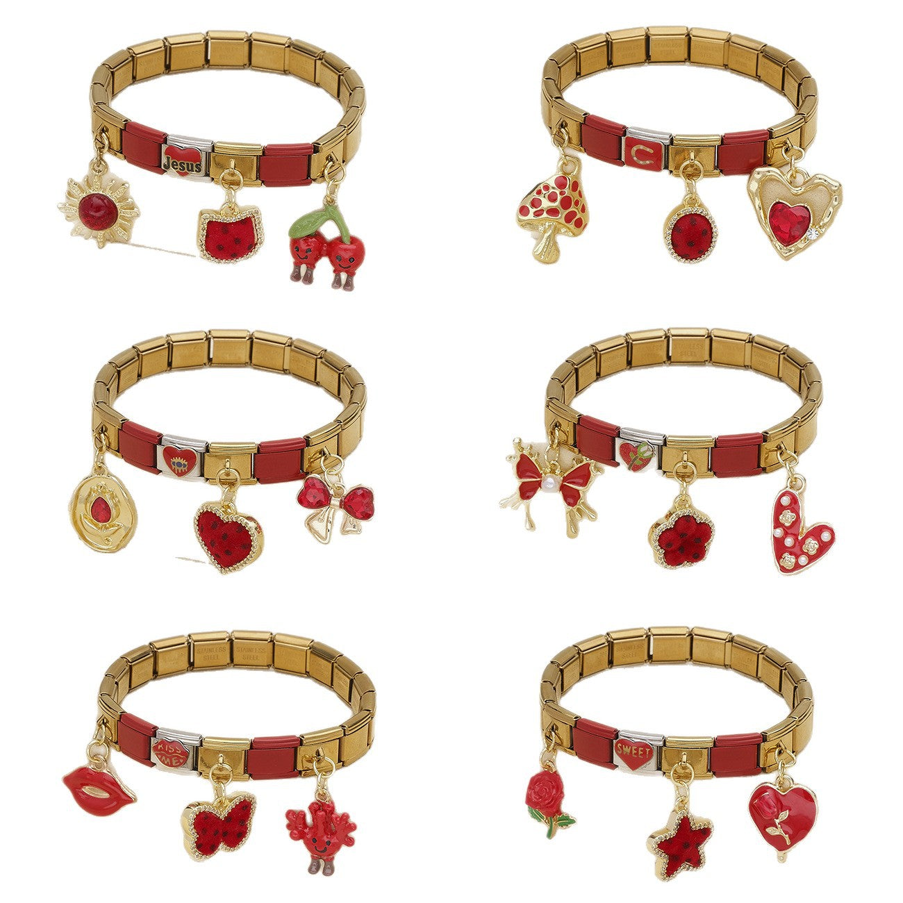 Wholesale Electroplated Stainless Steel Vintage Red Gold Heart Mushroom Cherry Butterfly Bracelet Charms DIY Jewelry Making Accessory