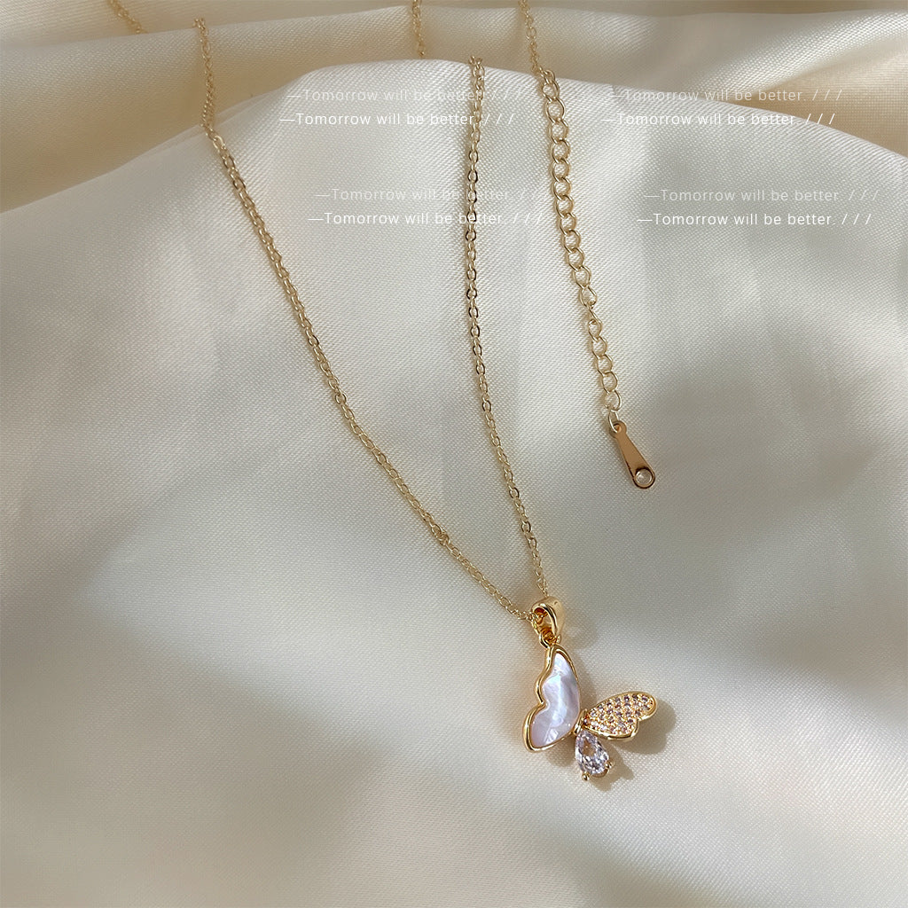 Wholesale White French Style Micro-Pavé Zircon Butterfly Necklace