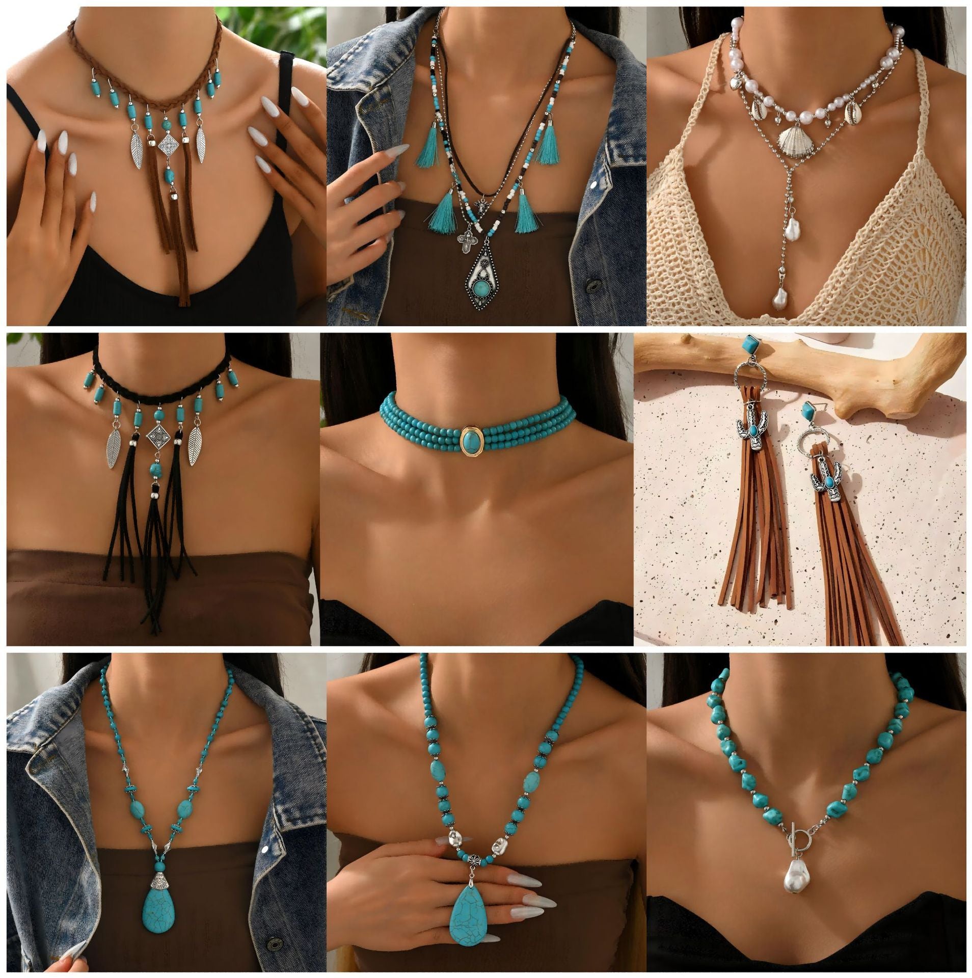 Wholesale Turquoise Pine Stone Necklace Bohemian Ethnic Style Fashion Jewelry Boutique Resale