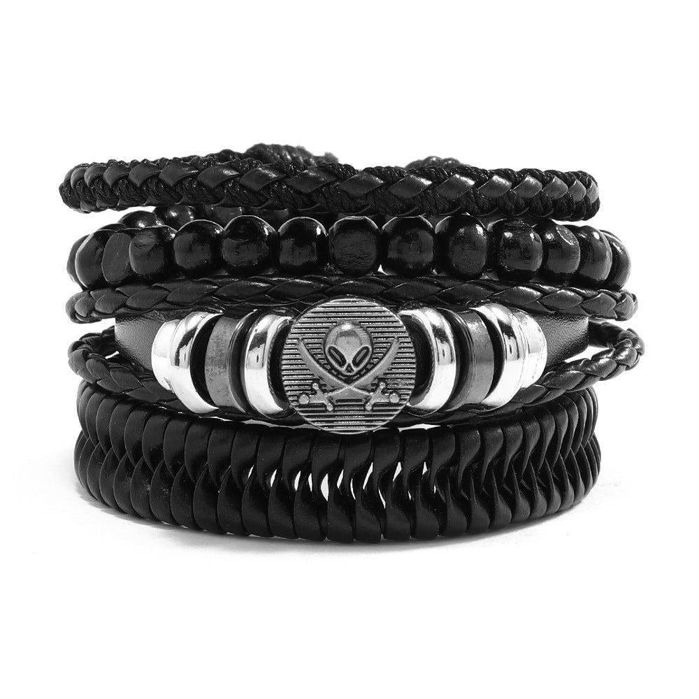 Wholesale DIY Vintage Braided Leather Skull Punk Bracelet Set ACC-BT-Saih019