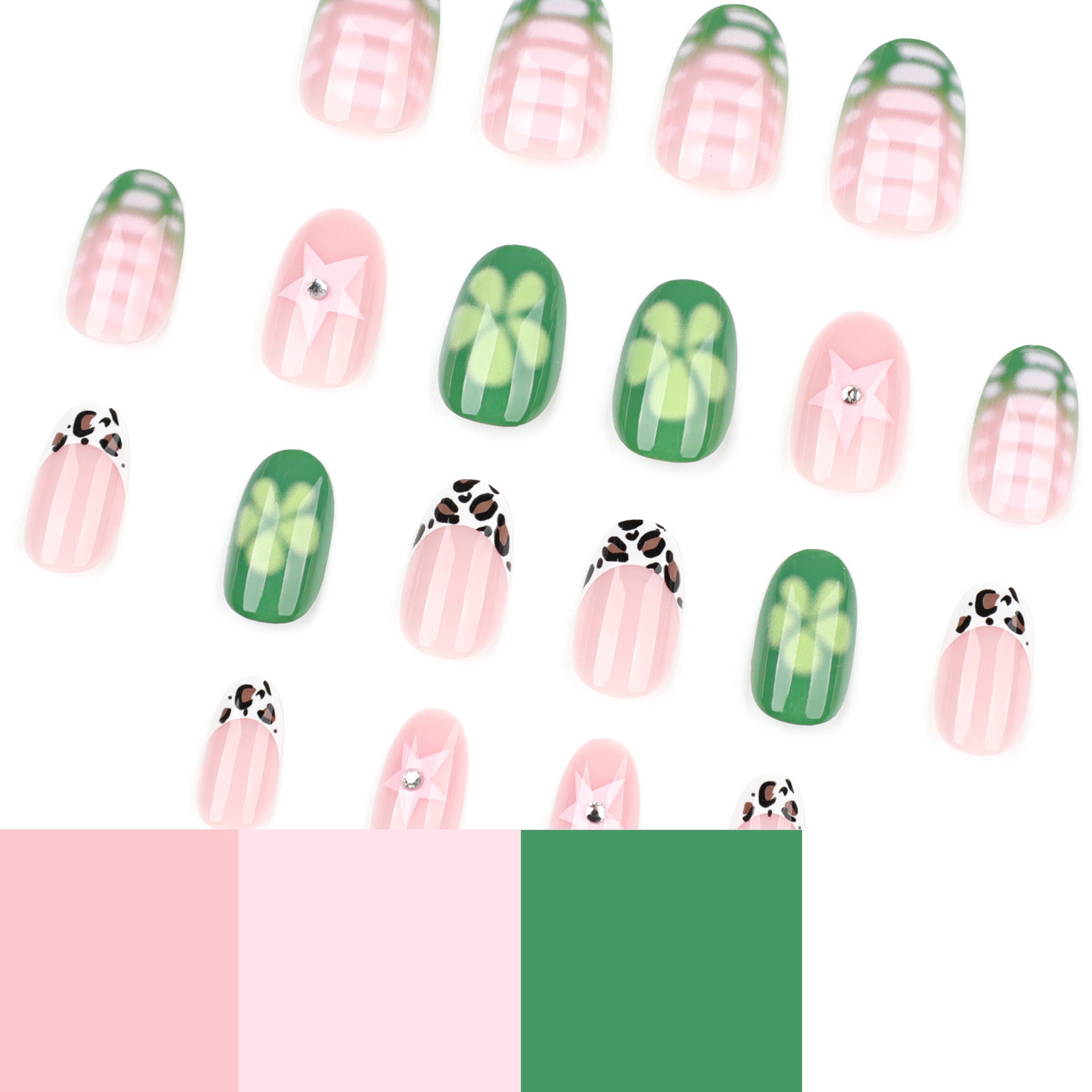 Wholesale 24 Pieces/box Green Flower Nails Kits Nail Stickers