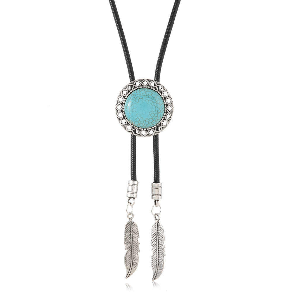 Wholesale Vintage Style Floral Five Pointed Star Cross Disc Bull' s Head Leather Necklace inlaid With  Turquoise
