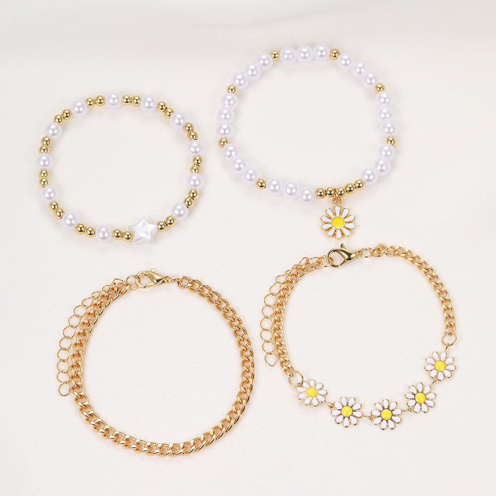 Wholesale Small Gold Beads Pearl Bracelet Set 4 Piece Bohemian Beach Small Daisy Bracelet ACC-BT-HZS003