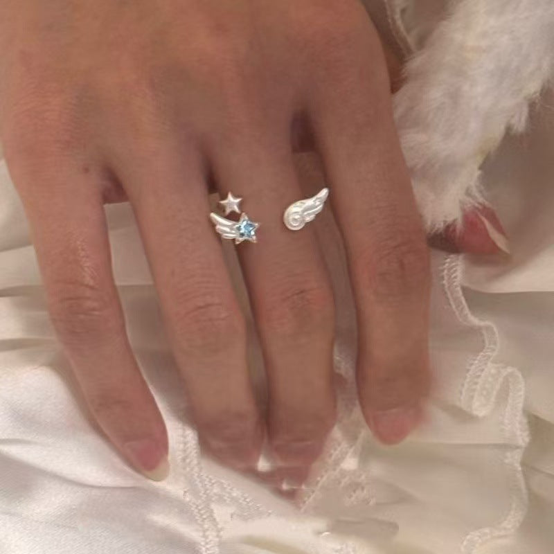 Wholesale White Angel Star Wings Ring for Women,  Niche Design,  Sweet and Cool Girl Style,  Cute Adjustable Open Ring for Index Finger