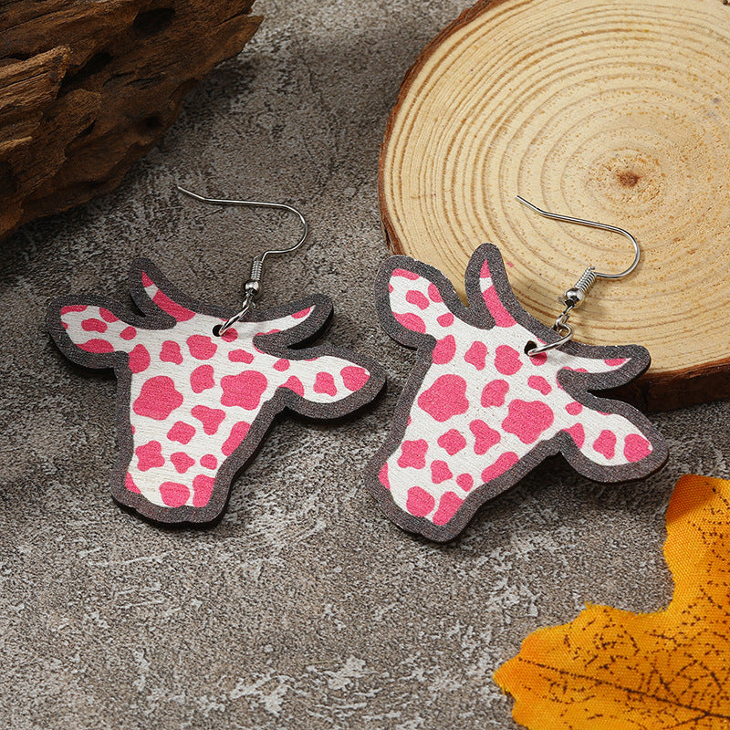 Wholesale Western Wind Cow Head Cow Pattern Leopard Pattern Sunflower Wooden Earrings