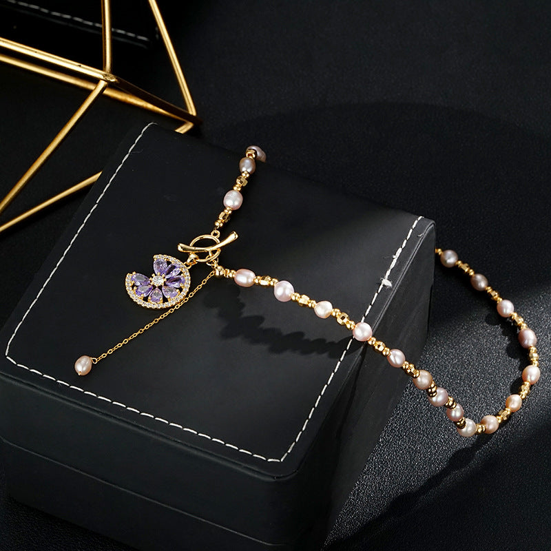 Wholesale  Color Freshwater Pearl Necklace  Gold Electroplating Micro-inlaid Purple Zircon Pendant Necklaces