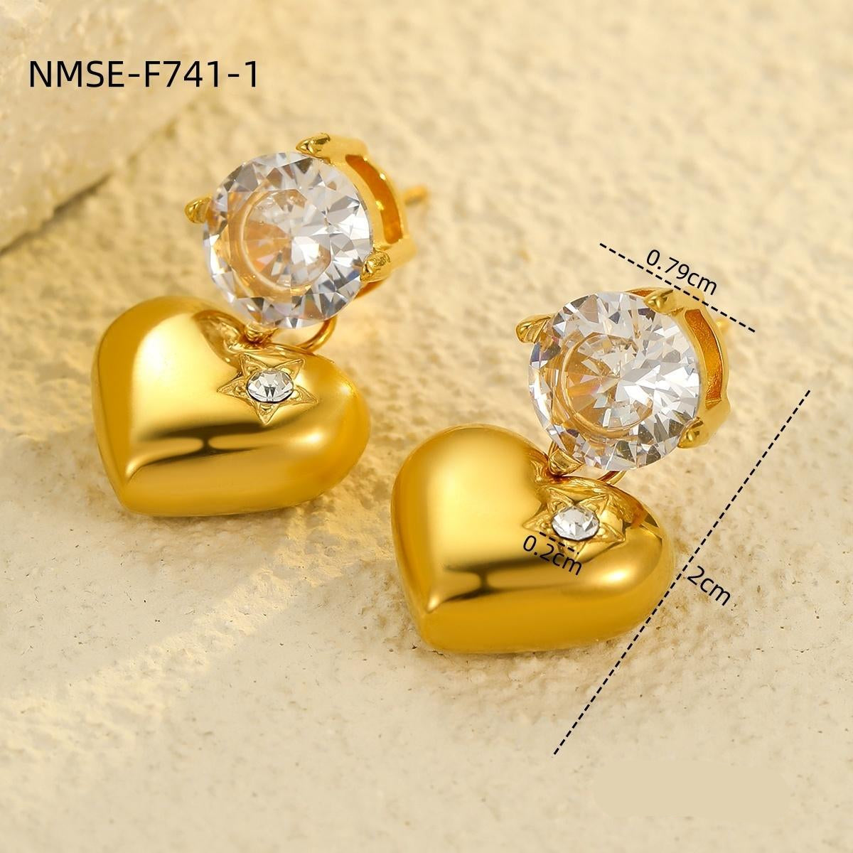 Wholesale stainless steel golden smooth love zircon pendant earrings
