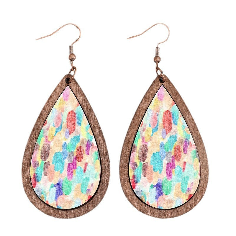 Wholesale Fashion Fresh Wind Drop Shape Wooden Frame Printing Color Spot Women Wooden Earrings Earrings Batch