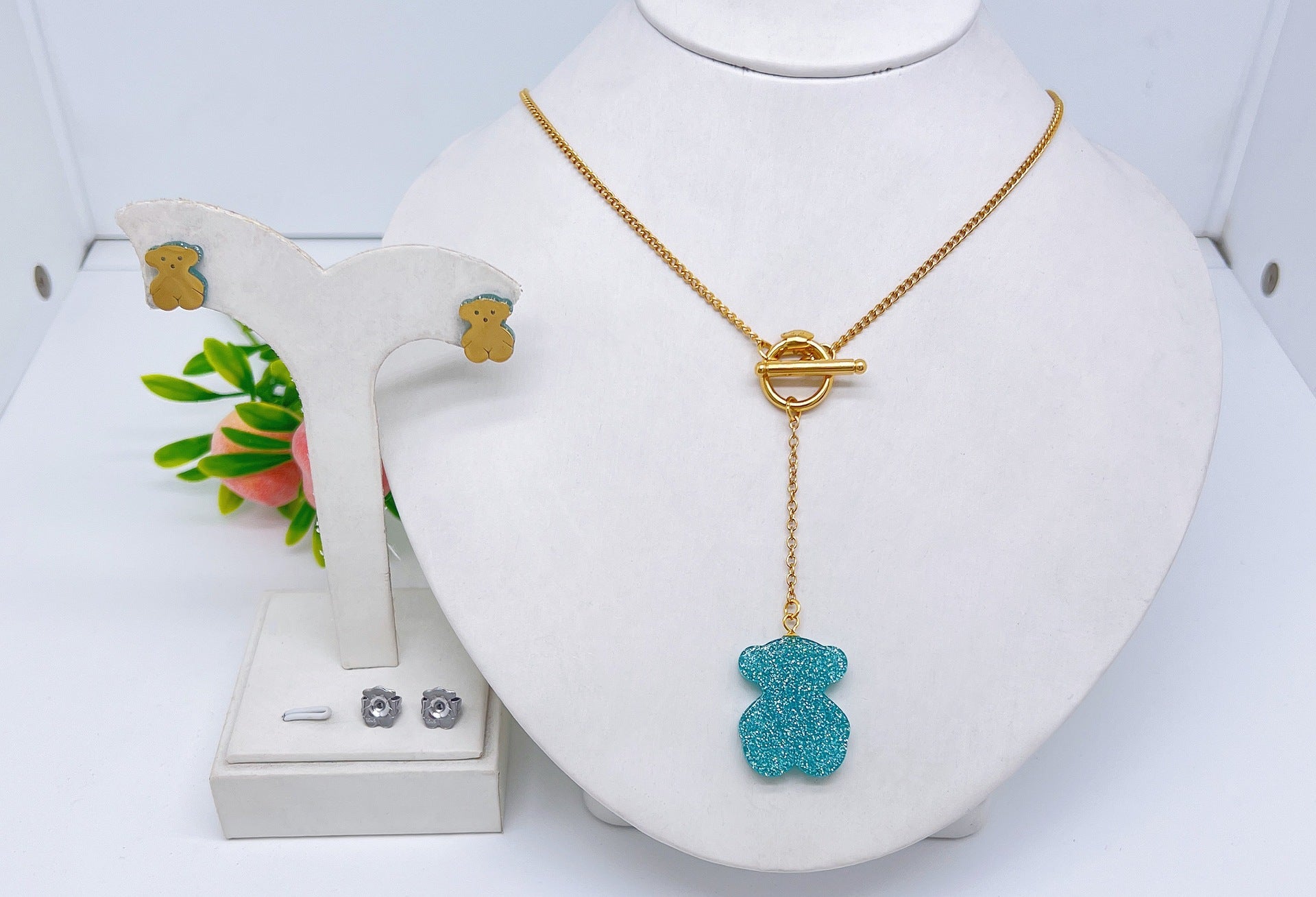 Wholesale Cute Bear Cartoon Stainless Steel Earrings and Necklace Set for Party Wear