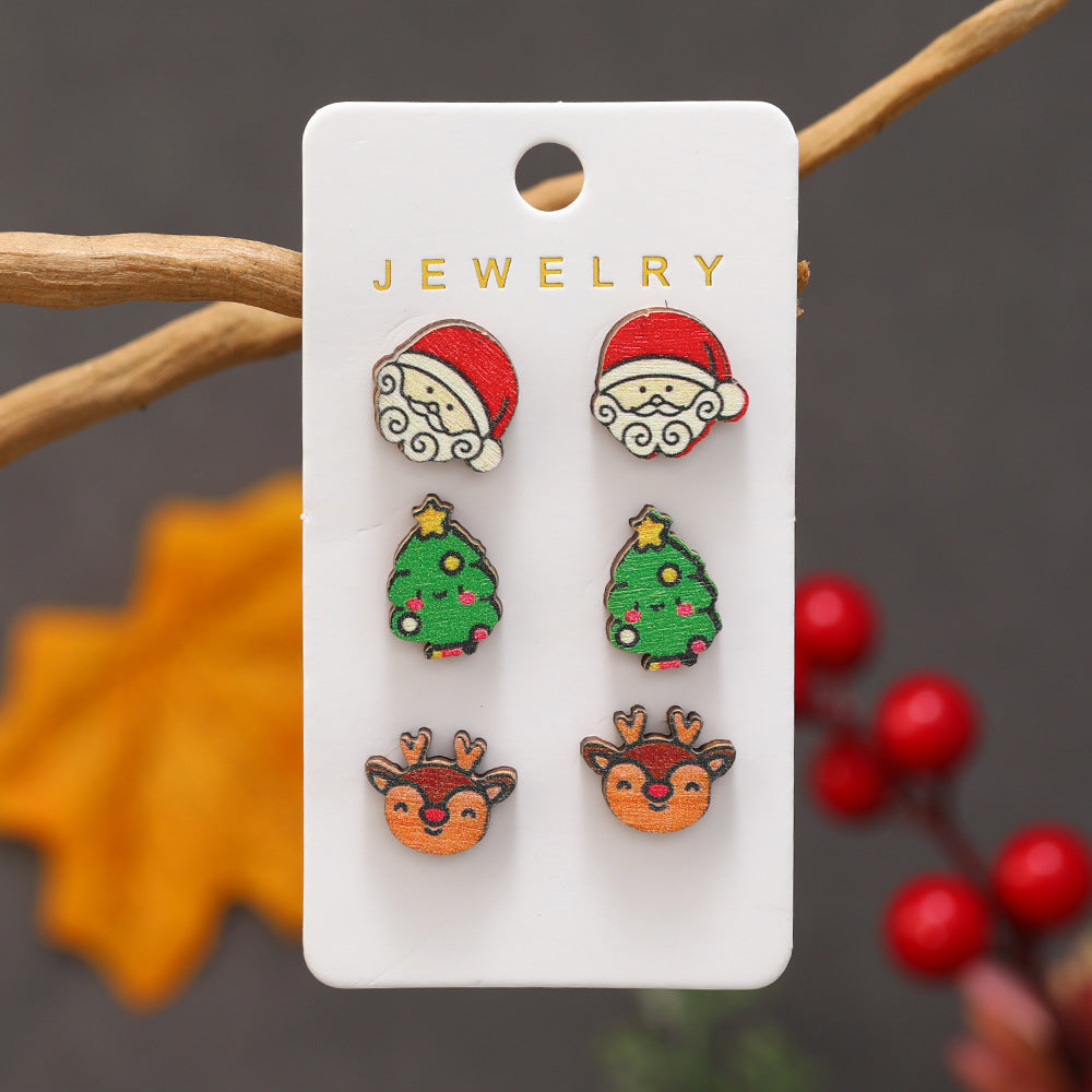 Wholesale Cartoon Christmas Tree Old Man Elk Wooden Earrings Set ACC-ES-MT003