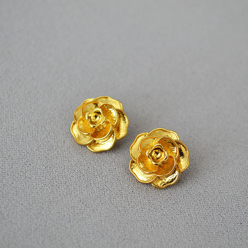 Wholesale 3D Camellia Brass Gold Plated 925 Silver Needle Earrings