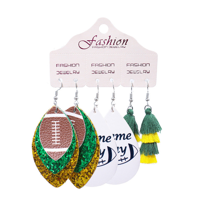 Wholesale 2 Sets Christmas Independence Day Football Rugby Softball Multi-layer Tassel Cheerleading PU Leather Earrings Set ACC-ES-HY128