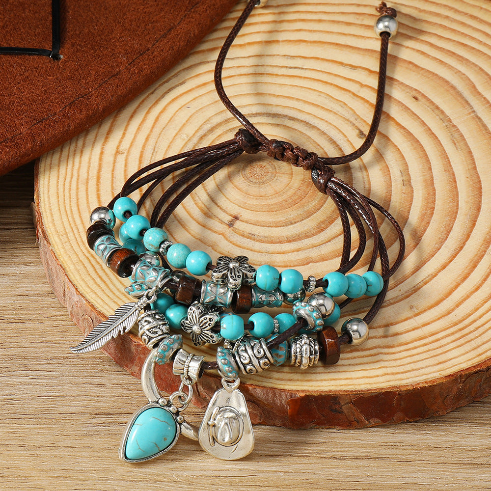 Wholesale Ethnic Bohemian Turquoise Tassel Multi-layer Bracelet