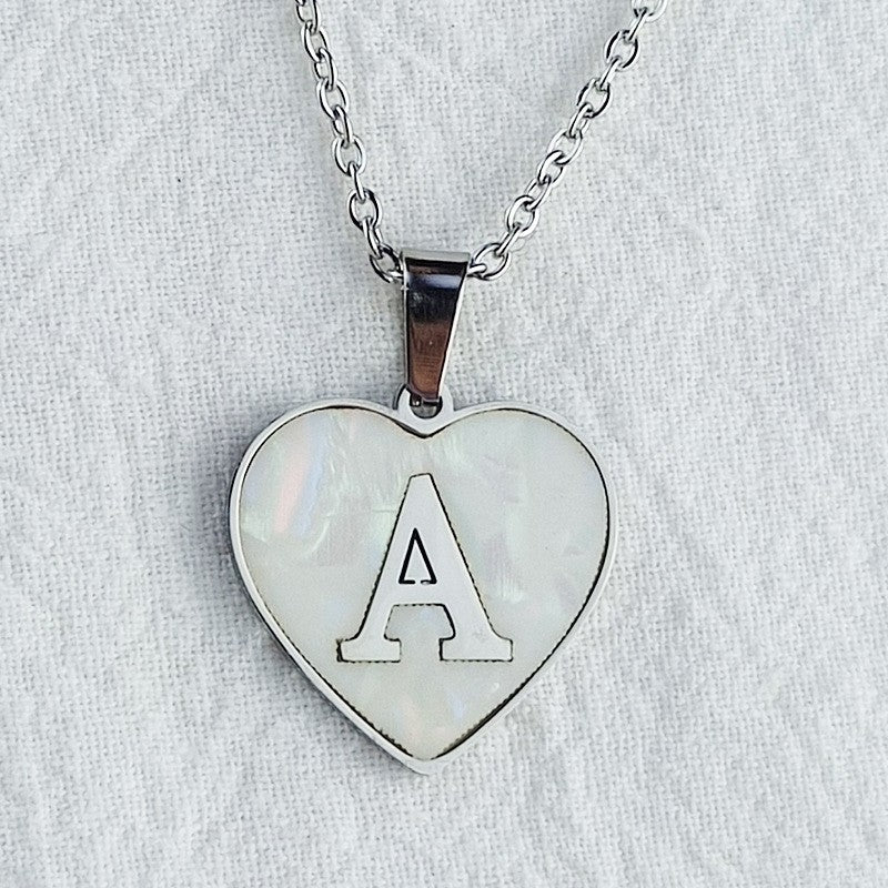 Wholesale 26 English Letters Heart Inlaid Shell Titanium Steel Necklace ACC-NE-DingChao002