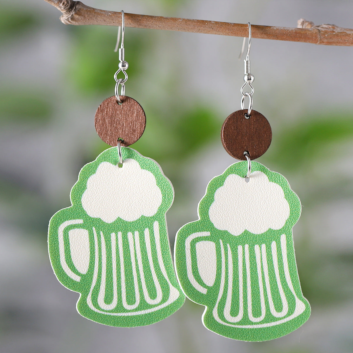 Wholesale St Patrick's Day dwarf beer round drop pendant PU  double-sided earrings
