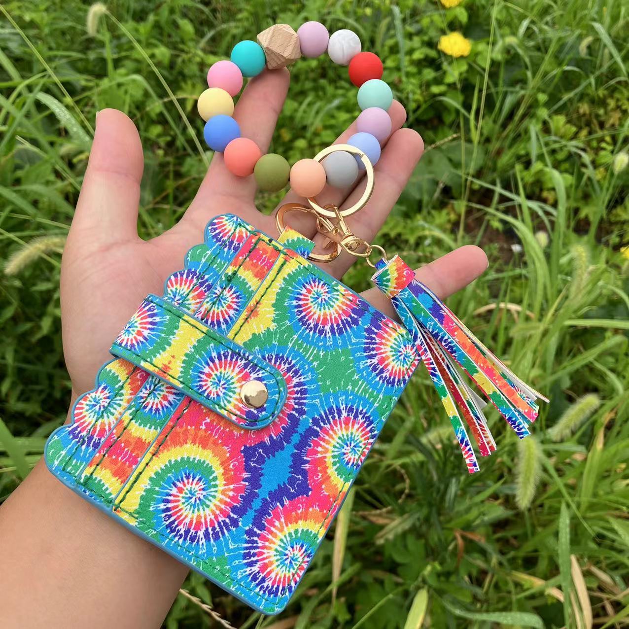 Wholesale Leopard Plaid Butterfly Card Holder Silicone Beaded Wristlet Keychain ACC-KC-QiuXue012