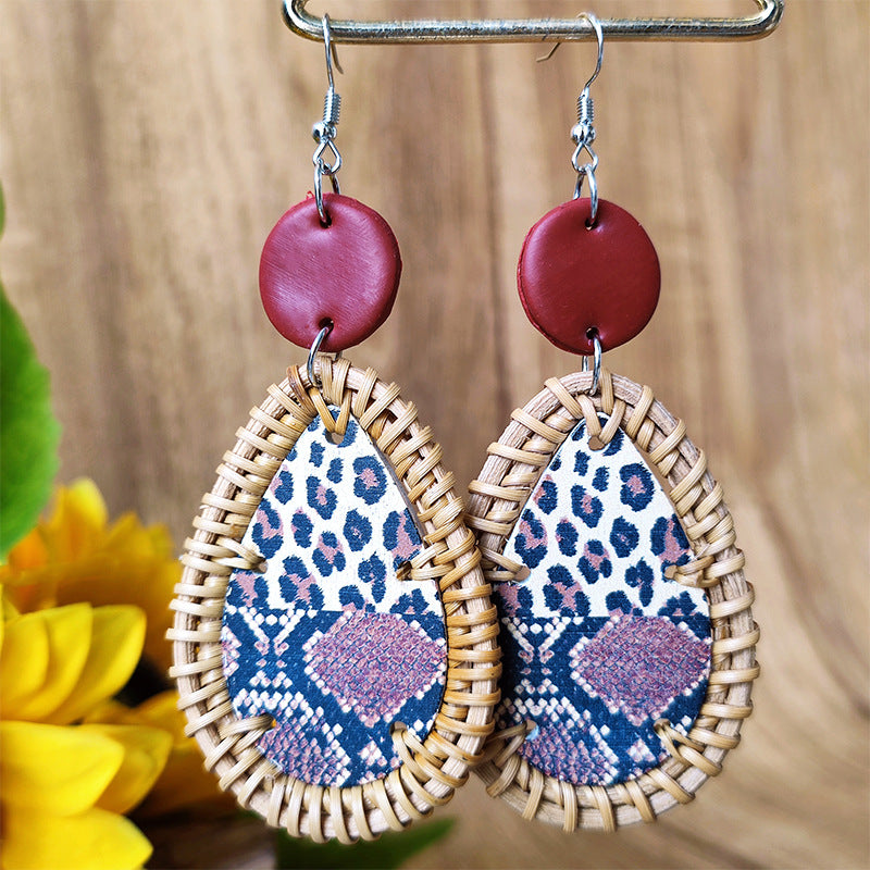 Wholesale 3 Pairs/Pack Polymer Clay Rattan Copper Woven Leopard Zebra Print Earrings ACC-ES-HY100