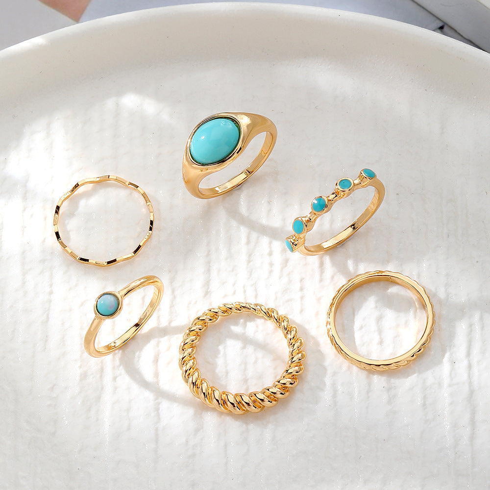 Wholesale  turquoise twist ring 6-piece gold wave knuckle ring